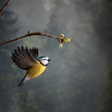 Hand Carved Wooden Blue Tit In Flight Figure By Wildlife Garden
