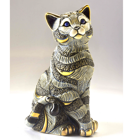 De Rosa Large Blue Striped Cat Sitting Figurine