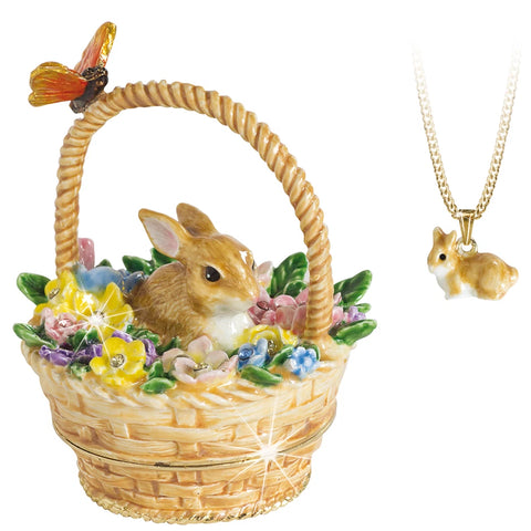 Bunny Rabbit In Basket Trinket Box With Necklace From The Arora Design Hidden Secrets Collection
