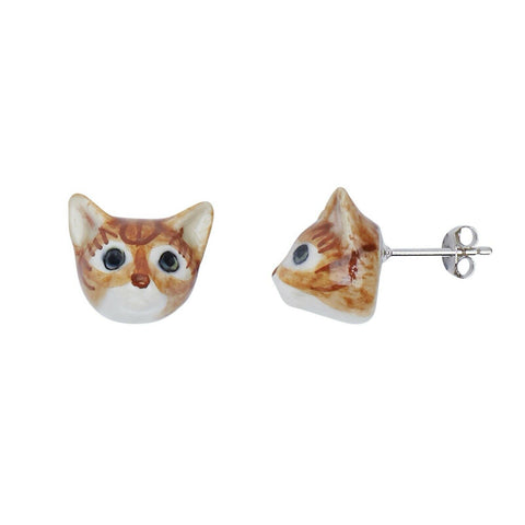 And Mary Ceramic Stud Earrings Cat Face Ginger Tabby