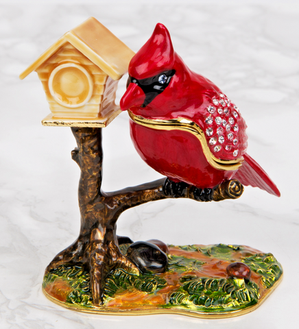 Treasured Trinkets Cardinal Bird With Bird House Trinket Box
