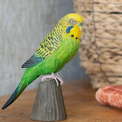 Wildlife Garden Decobird Carved Wooden Green Budgerigar