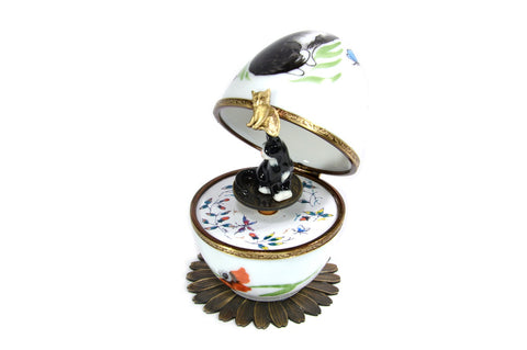Fanex Limoges Porcelain Motzart Music Box Egg With Black Cat And Poppies