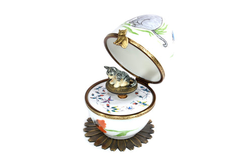 Fanex Limoges Mozart Music Box Porcelain Egg With Grey Cat And Poppies