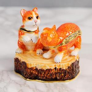 Treasured Trinkets Ginger Tabby Cat Pair Playing On Log Trinket Box